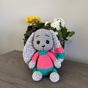 Gray Plush Bunny Toy with Pink & Teal Outfit for Small Pets